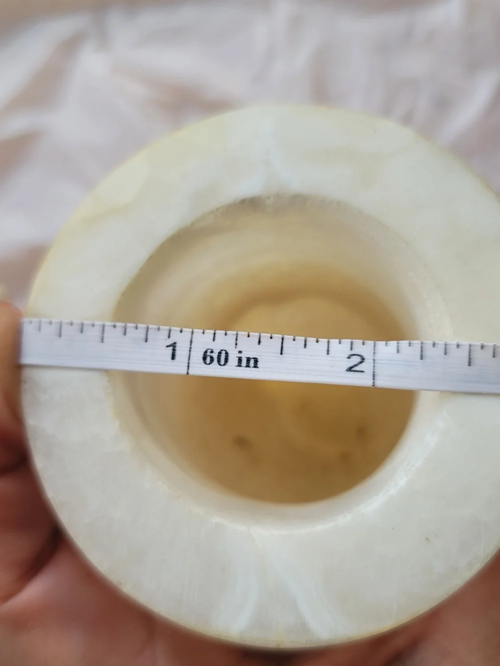 Hand Carved Stone/Alabaster Cream Low Urn Form Vase. Heavy